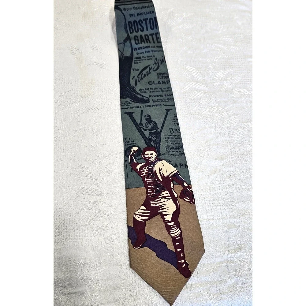 Spencer & Lowe Mens Silk Baseball Tie Vintage Newspaper Boston Sports Graphic